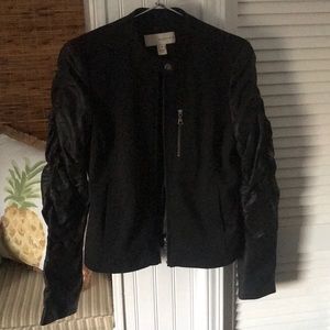 Bagatelle mixed media leather sleeved moto jacket